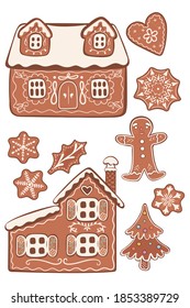 Set of gingerbread cookies isolated on white background.