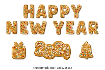 Set of gingerbread cookies isolated on white background. Sweet biscuit in shape of Happy new year phrase and 2021, gift box and bell. Vector illustration