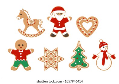 Set of gingerbread cookies isolated on white background. Santa claus, horse, snowman, heart, star, Christmas tree, gingerbread man. Vector illustration in cartoon flat style.