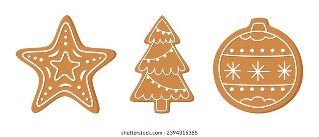 Set of gingerbread cookies isolated on white. Star, Christmas tree and Christmas ornament.