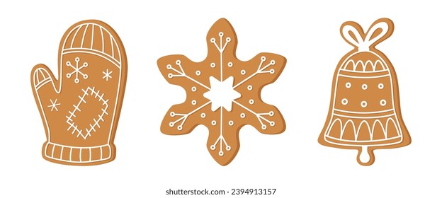 Set of gingerbread cookies isolated on white. Mitten, snowflake and bell.