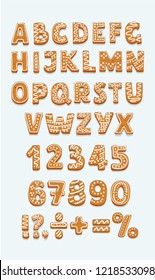 Set of gingerbread cookies latin alphabet, arabic numbers and signs. Full english ABC. Merry Christmas and New Year figures on white background. Vector cartoon illustration in modern concept