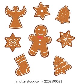 Set of gingerbread cookies man, Christmas tree, star, sock, angel. Vector illustration