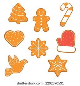 Set of gingerbread cookies man, Christmas tree, star, dove, mitten. Vector illustration