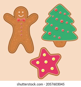 A set of gingerbread cookies. A man, a star and a Christmas tree. Vector illustration
