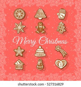 Set of gingerbread cookies on a bright background with frame of snowflakes.