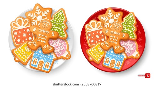 Set of gingerbread cookies on the red and white plate with snowflakes pattern. Dish with Christmas gingerbread cookies. Traditional Christmas and New Year dessert. Vector illustration