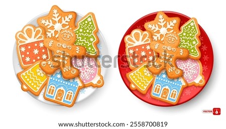 Set of gingerbread cookies on the red and white plate with snowflakes pattern. Dish with Christmas gingerbread cookies. Traditional Christmas and New Year dessert. Vector illustration