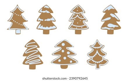 conjunto de galletas de jengibre en forma de árboles de Navidad, pintadas con hielo blanco