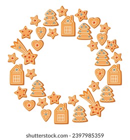 Set of gingerbread cookies in shape of house, falling Christmas star, hearts, Christmas trees, arranged in shape of Christmas wreath. Cute vector illustration template for text on white background.