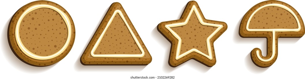 Set of gingerbread cookies
shaped as triangle, star, circle and umbrella. Cartoon illustration.