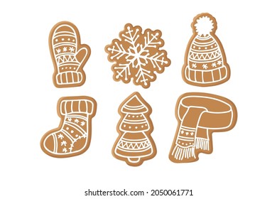 Set of Gingerbread cookies. Traditional Christmas baking with glaze drawing. Winter Holiday symbol. Tasty homemade Christmas cookie. Flat vector isolated on white. Sweet baked dessert pastrie.