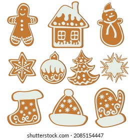 A set of gingerbread cookies of various shapes and sizes, Christmas pastries with ornate icing patterns vector illustration