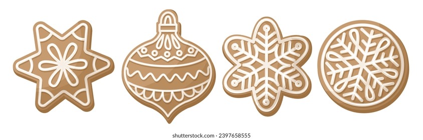 A set of gingerbread cookies of various shapes, decorated with icing. Delicious baked goods for a happy and cozy Christmas and New Year. Vector illustration isolated on white background.