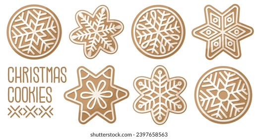 A set of gingerbread cookies of various shapes, decorated with icing. Delicious baked goods for a happy and cozy Christmas and New Year. Vector illustration isolated on white background.