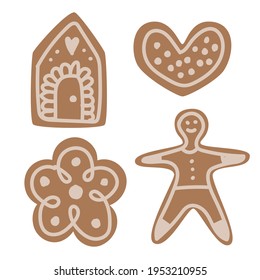 A set of gingerbread cookies. Vector illustration in cartoon flat style. Sweet New Year's treat.
