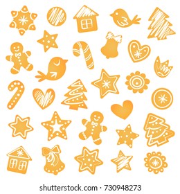 Set of Gingerbread Cookies. Vector Illustration. Flat style Icons. Gingerbread Man, Christmas Tree, Star, Heart, Bell and other Holiday Symbols. Decorative Design of Winter Holidays Baking.