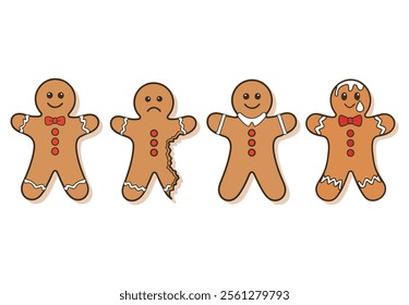 Set of gingerbread cookies, whole and bitten. Holiday winter Christmas symbols in sweet clipart style. Perfect for festive designs. Vector illustration.