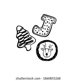 Set of gingerbread with a deer, tree. Cookies for the Christmas holidays. Drawn in vector.Doodle. Illustrations on a white background, for the design of postcards, labels
