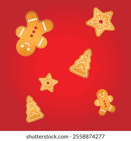 Set of gingerbread doodle flat icons featuring glazed, traditional sweet treats. Perfect for Christmas decorations and festive designs, adding a fun, holiday touch.