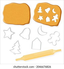Set of gingerbread dough, cookie cutters and rolling pin isolated on white. Vector illustration flat.