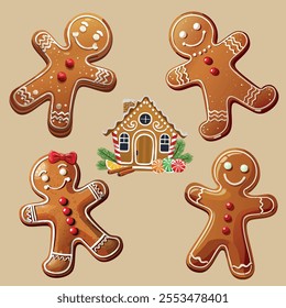 Set of gingerbread, elements for christmas design, vector. Gingerbread man and gingerbread house set