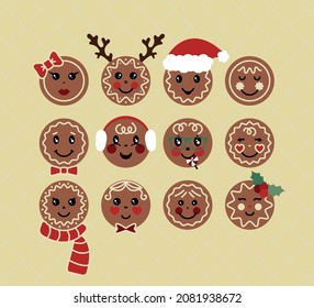 Set Gingerbread faces and different emotions   accessories Christmas holidays cookies Happy  in love  cheerful  cute  funny faces