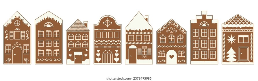 Set of Gingerbread house cookies with icing ornament. Christmas ginger village. Sweet biscuit holiday decoration. Vector illustration 