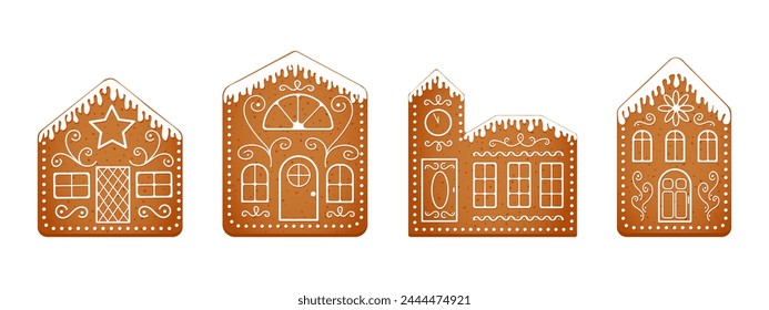 Set of gingerbread house cookies with icing glazed roofs. Cute ginger bread town isolated on white background. Christmas pastries. New Year sweet treats. Vector cartoon illustration.