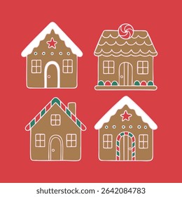 Set of gingerbread houses, Christmas cookies collection, decorated with icing and candies, holiday dessert, winter festive design, flat vector illustration, red background, brown, white, green, red