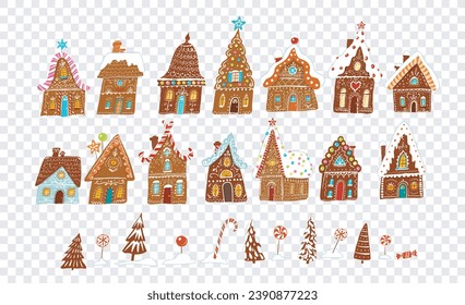 Set of gingerbread houses, christmas sweets and snowy fir trees.