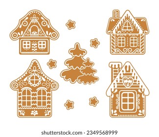 Set of gingerbread houses and Christmas trees. Festive decor elements, print, vector