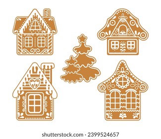 Set of gingerbread houses and Christmas trees. Festive decor elements, print, vector