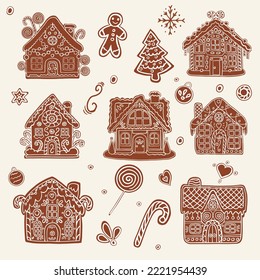 Set of gingerbread houses. Cute handmade honey gingerbreads with patterns.