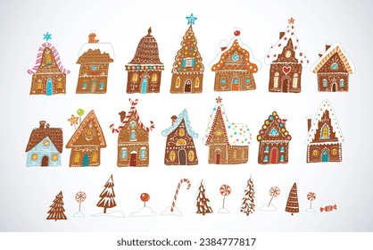 Conjunto de casas de jengibre decoradas con dulces navideños sobre fondo blanco.