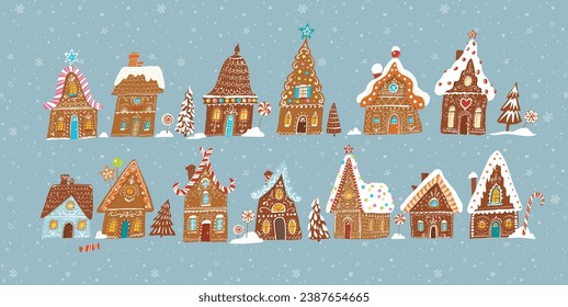 Set of gingerbread houses decorated with christmas sweets on mint background with snowflakes.