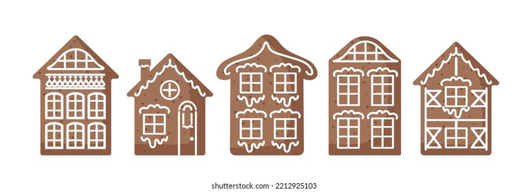 Set of gingerbread houses, European style. Appetizing traditional Christmas cookies, decorated with icing. Food illustration for stickers, posters, postcards, design elements