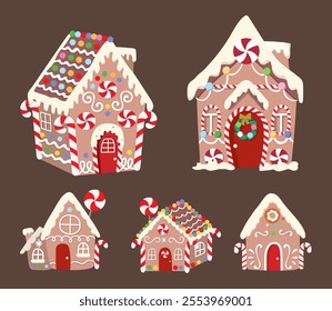 A set of gingerbread houses. Festive decor elements, traditional symbols illustration in flat cartoon style.