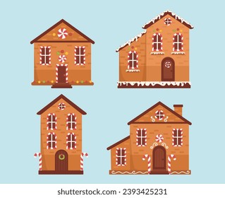 Set of gingerbread houses. Homemade pastry and bakery products for Christmas and New Year. Dessert and delicacy for winter holidays. Cartoon flat vector collection isolated on blue background