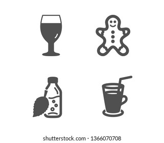 Set of Gingerbread man, Water bottle and Beer glass icons. Cocktail sign. Christmas cookie, Mint leaf drink, Brewery beverage. Fresh beverage.  Classic design gingerbread man icon. Flat design. Vector