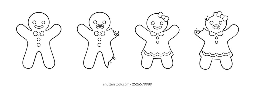 Set of gingerbread man and woman sweet cookies, whole and with bite outline. Holiday winter Christmas coloring book page elements for kids.