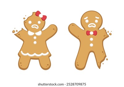 Set of gingerbread man and woman sweet cookies with bite clipart. Holiday winter Christmas symbols. Vector illustration.