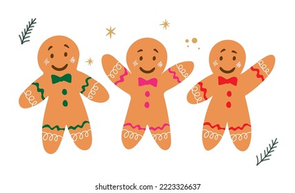 Set of gingerbread mans. Christmas icon. Vector. Holiday winter symbols isolated on white background in flat design. Cartoon colorful illustration.