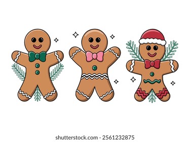 Set of gingerbread men Christmas icons. Holiday winter symbols in flat design, featuring colorful cartoon style illustrations. Perfect for festive decorations and seasonal designs.






