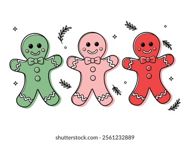 Set of gingerbread men Christmas icons. Holiday winter symbols in flat design, featuring colorful cartoon style illustrations. Perfect for festive decorations and seasonal designs.






