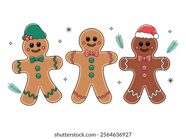 Set of gingerbread men Christmas icons. Holiday winter symbols in flat design, featuring colorful cartoon style illustrations. Perfect for festive decorations and seasonal designs.






