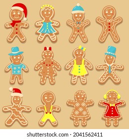 Set of gingerbread men cookies for Christmas. Sweet homemade glazed biscuits. Vector illustration.