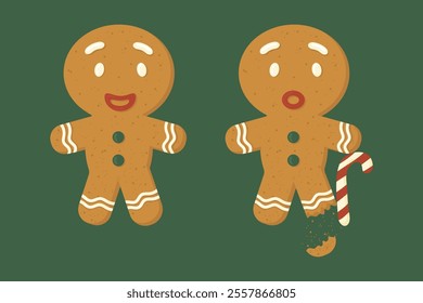 A set of gingerbread men. Funny and smiling, another man with a broken leg leaning on a lollipop cane. An illustration of a Christmas cookie.