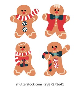 Set of gingerbread men. Holiday treats. New Year's and Christmas cookies, sweets. Vector illustration.