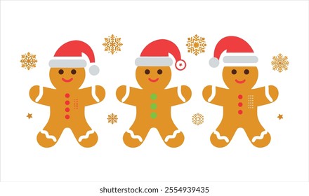 Set Of Gingerbread Men Wearing Christmas Hat Colorful Cute Vector Illustration Icon